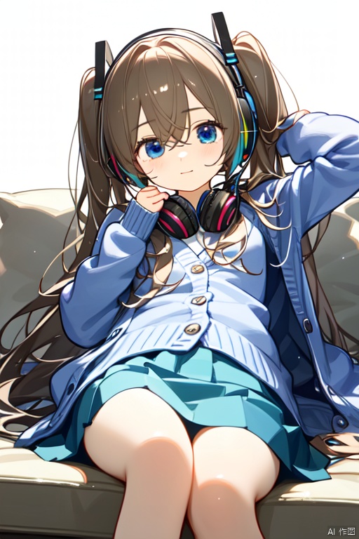 nakano miku, 1girl, solo, headphones around neck, blue eyes, brown hair, skirt, thigh, long hair, hair between eyes, blue cardigan, green skirt, long sleeves, cardigan, thigh