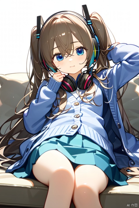 nakano miku, 1girl, solo, headphones around neck, blue eyes, brown hair, skirt, thigh, long hair, hair between eyes, blue cardigan, green skirt, long sleeves, cardigan, thigh