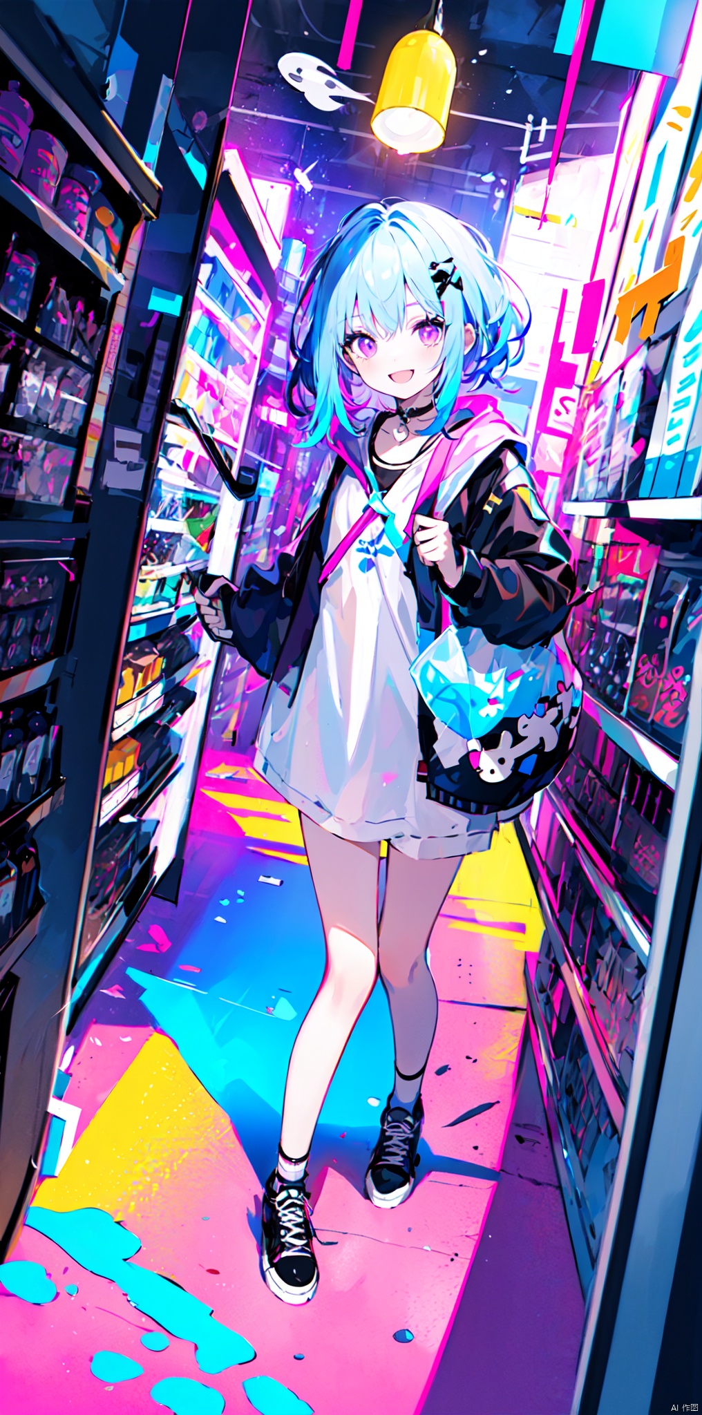  masterpiece,best quality,(colorful:1.4),from above,solo,1girl standing in a store with lots of stuffed animals on the shelves and a bag of stuff,black and blue hair color,purple eyes,smiling,depth of field,fisheye lens