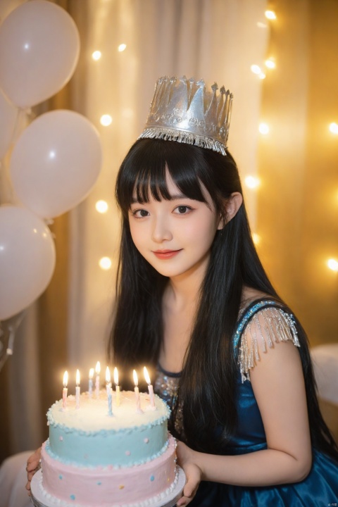 (a cute girl with long black hair with bangs),(holding a birthday cake),(wearing cute party dress),(domineering lighting),(soft focus filter),(depth of field),(cute girl:1.2),(birthday cake:1.4),(black hair:1.3),(long hair:1.3),(fringe bangs:1.2),(party dress:1.2)