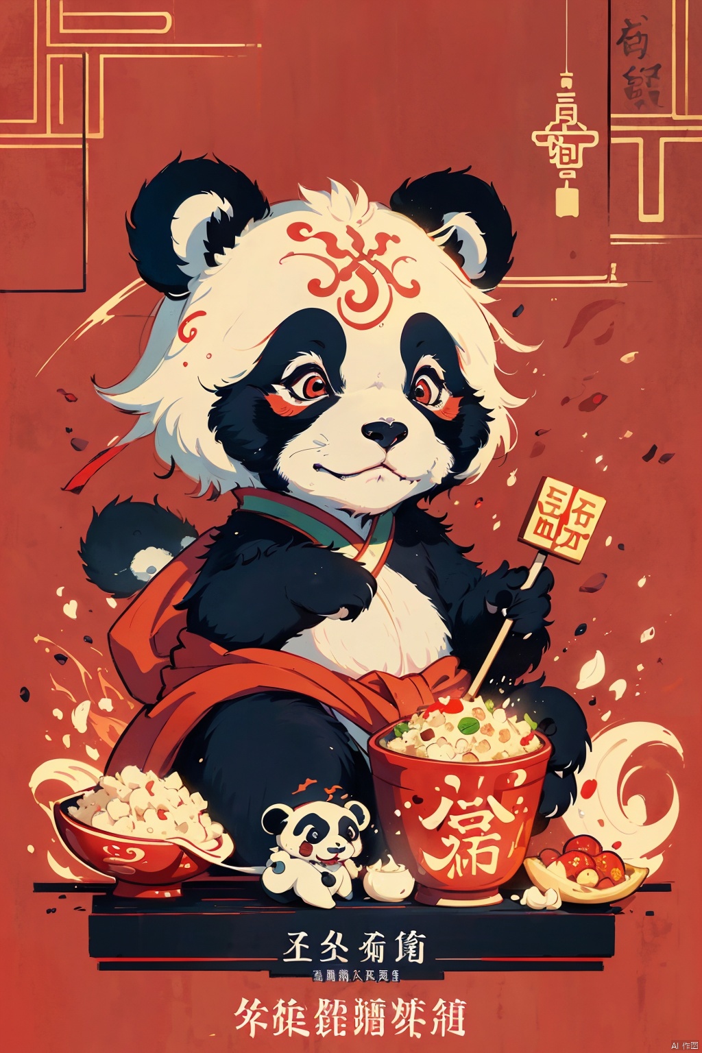 cartoon panda with a lot of food on a red background, mapo tofu cartoon, red panda on a propaganda poster, panda panda panda, inspired by Luo Ping, a beautiful artwork illustration, hand painted cartoon art style,inspired by Luo Mu, chinese new year in shanghai