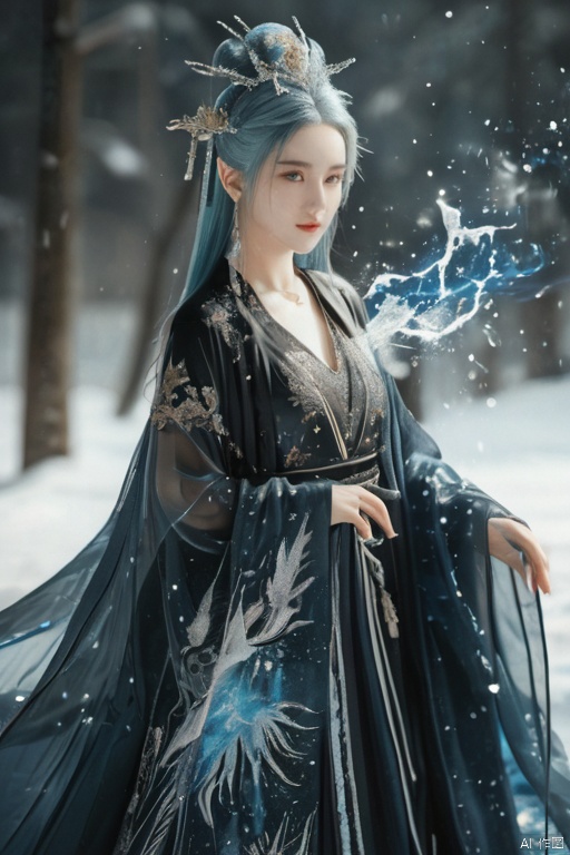 1girl, fantasy world, with, detailed magic robe, beautiful dress, best quality, full body, ice magic, blue hair, deep blue eyes, lora:more_details:1, OuterWorldAI