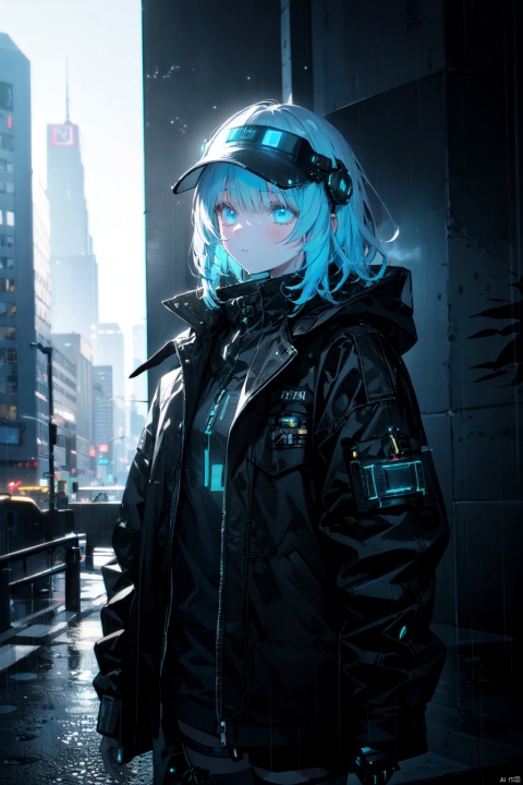 1girl,lady with cybernetic parts,glowing visor,short light blue hair,techwear,oversized black jacket,skyscraper outdoors,neon rim light,night,rain,volumetric lighting,realistic,cowboy shot