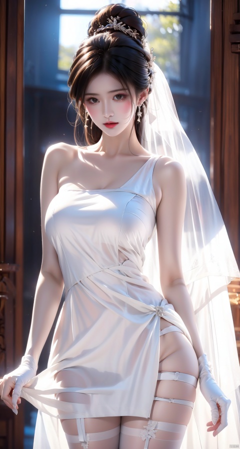 wedding dress, white gloves, sleeveless, white pantyhose, blushing, show shoulders, wedding, kan
