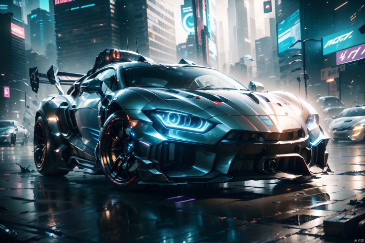  Mecha tank,Sports car,Supercar,car,ground vehicle,helmet,Complex structure,night,Upward opening door,A glowing car body,Front oblique view,details,motor vehicle,realistic,road,science fiction,vehicle focus,wheel，(blue purple neon lighting),(vibrant glow),dynamic colors,striking contrast,futuristic vibe,electric energy,reflective surfaces,(cityscape:1.3),8k,official wallpaper,(cyberpunk:1.2),futrue