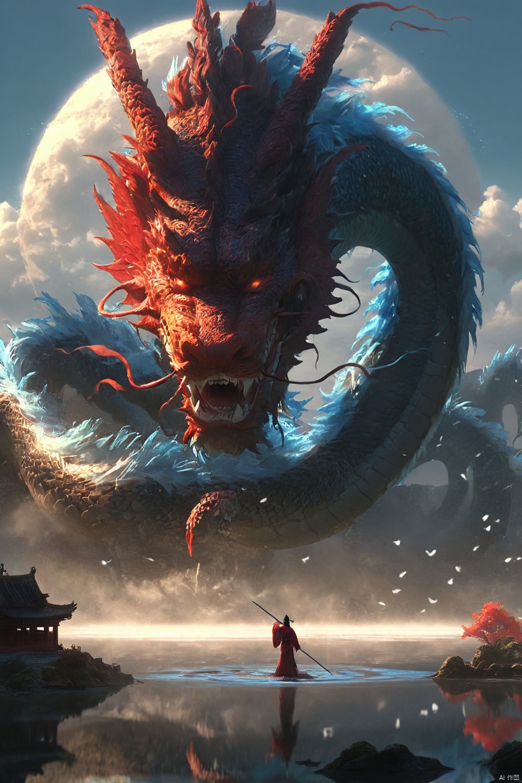  animation of an black red giant Chinese dragon swimming on the lake surface, the dragon huge and very long, a girl on the lake,Dragonheaddecoration, A circle of ripples formed on the water surface, the girl holding a sword, Drone perspective, blue-ice lake water, Chinese Martial Arts World, Chinese mythological scenes, Bright colors, Sunlight, Transparent lake water, megalophobia, by Tsui Hark, Chinese movie Big Fish and Begonia, watercolor, ananmo