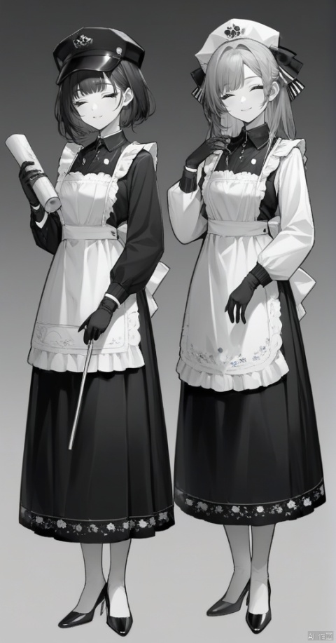 2girls, apron, black_headwear, closed_eyes, closed_mouth, dress, facing_viewer, floral_print, floral_print_apron, full_body, gloves, gradient_background, greyscale, hand_on_own_chest, hand_on_own_face, hat, high_heels, holding, long_hair, long_skirt, long_sleeves, looking_at_viewer, monochrome, multiple_girls, nakko_(7nt5ta), parted_bangs, ribbon, scroll, short_hair, skirt, smile, standing, white_background, white_headwear, best quality, masterpiece, nai3