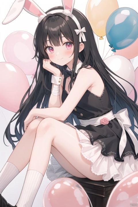 a cartoon girl with long hair and an elaborate hat and dress next to some pink and black balloons, 1girl, solo, halo, animal ears, black hair, wings, rabbit ears, pink eyes.pink bunny balloon.A long white ribbon on the balloon.rabbit shaped balloon.Mascot of many small white rabbits on the waist.white bunny ears on the head.light colored eyes.light colored mesh.white and black ribbon.long socks that reach above the knee.One of the socks is white and the other is black.There's a little bandage on my leg.balloons only pink.