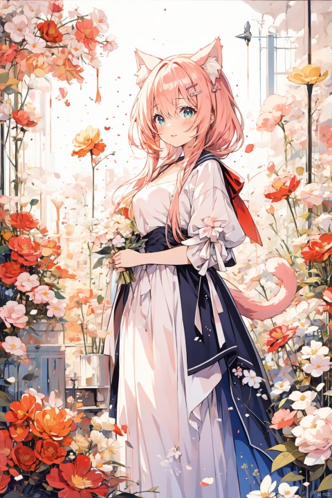  tech, kawaiitech, pastel colors, kawaii, cute colors, Flowers, wocrochet, red, blue, green, yellow, purple, pink, brown, black, white，masterpiece, best quality, Beautiful eyes, purple eyes, pink hair, A beautiful face, fantasy Beautiful arms, ((1 girl)), beautiful girl, beautiful eyes, standing, tail, cat tail, animal ear fluff, hairclip, Focus on the face, hair over right eye
