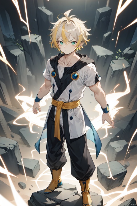 son goku, 1boy, biceps, blonde hair, green eyes, blue sash, blue wristband, clenched hands, collarbone, dougi, electricity, energy, floating rocks, yellow aura, frown, looking at viewer, full body, male focus, muscular, muscular male, pectorals, rock, sash, scratches, serious, solo, spiked hair, super saiyan, super saiyan 1, topless male, v-shaped eyebrows, wristband, , insanely detailed, detailed background, ((masterpiece)), absurdres, 8k uhd