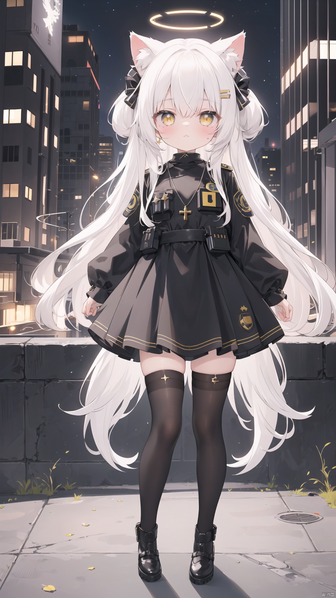  white hair,yellow eyes,looking up,stockings,long hair,hime cut,messy hair,floating hair,demon wings,halo,cross necklace,holy,divinity,shine,holy light,cat girl,(loli),(petite),solo,1girl,Beautiful,standing,looking at viewer,(black police uniform:1.5),at night,city background
