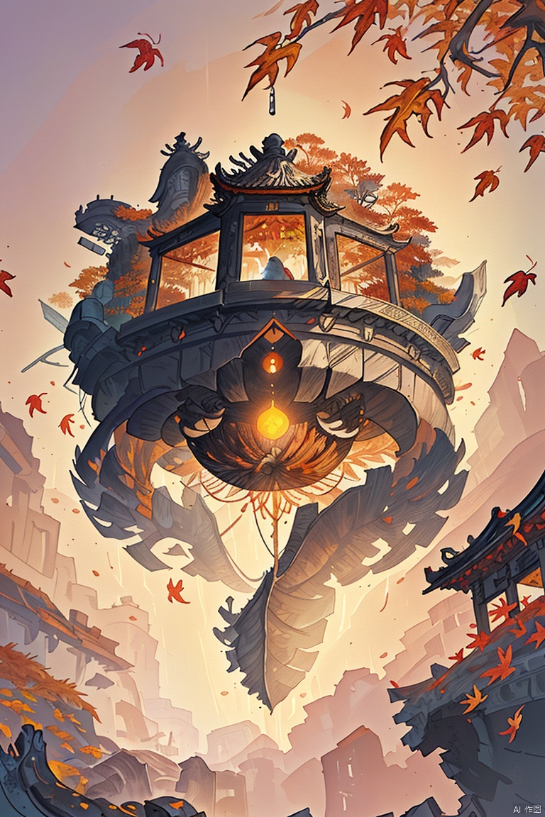 (Chinese landscape), (Zen, Amy Sol style), (Autumn, autumn leaves, fallen leaves, sunset, architecture), cover art with light abstraction, abstract, simple vector art, contemporary Chinese art, color gradients, soft color palettes, layered forms, whimsical animation, style Ethereal abstract, 4K