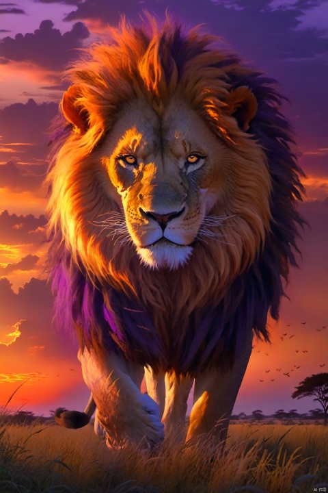  A majestic and regal lion,its golden mane flowing in the wind as it prowls through the tall grass of the savannah,In the distance,the setting sun paints the sky in shades of fiery orange and deep purple,casting a warm and welcoming glow across the African landscape