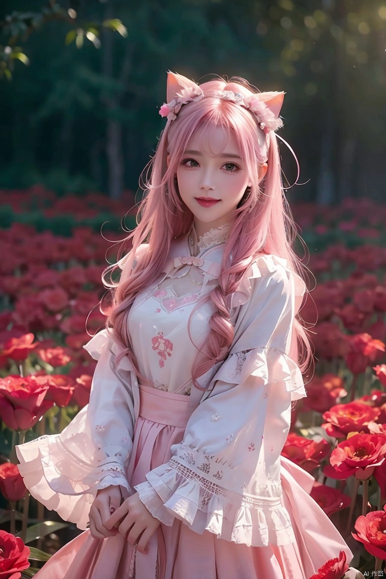 1girl, solo, peasant girl, cat ear, cattail, long sleeve, capelet, ribbon, pink hair, (frills:1.1), lace, Amber eyes, cute, kawaii, looking at viewer, standing, illustration, shy, smile, holding a heart shape box, Arms in front, magic fantasy style, from above, (pink tone:1.1), (red tone:1.1), (light red theme:1.1), outdoor, Flower field, detailed landscapes, lens flare, halation, Deep depth of field, (intricate:1.3),