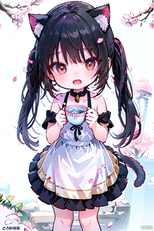 (chibi:1.3), 1girl, solo, cute, young sister, (blonde hair, low twintails hair), (jitome, fangs, open mouth, cat ears, cat tail), (girly outfits), background:park, (cherry blossoms, fluttering petals:1.3), beer, sake, 🍶🍺