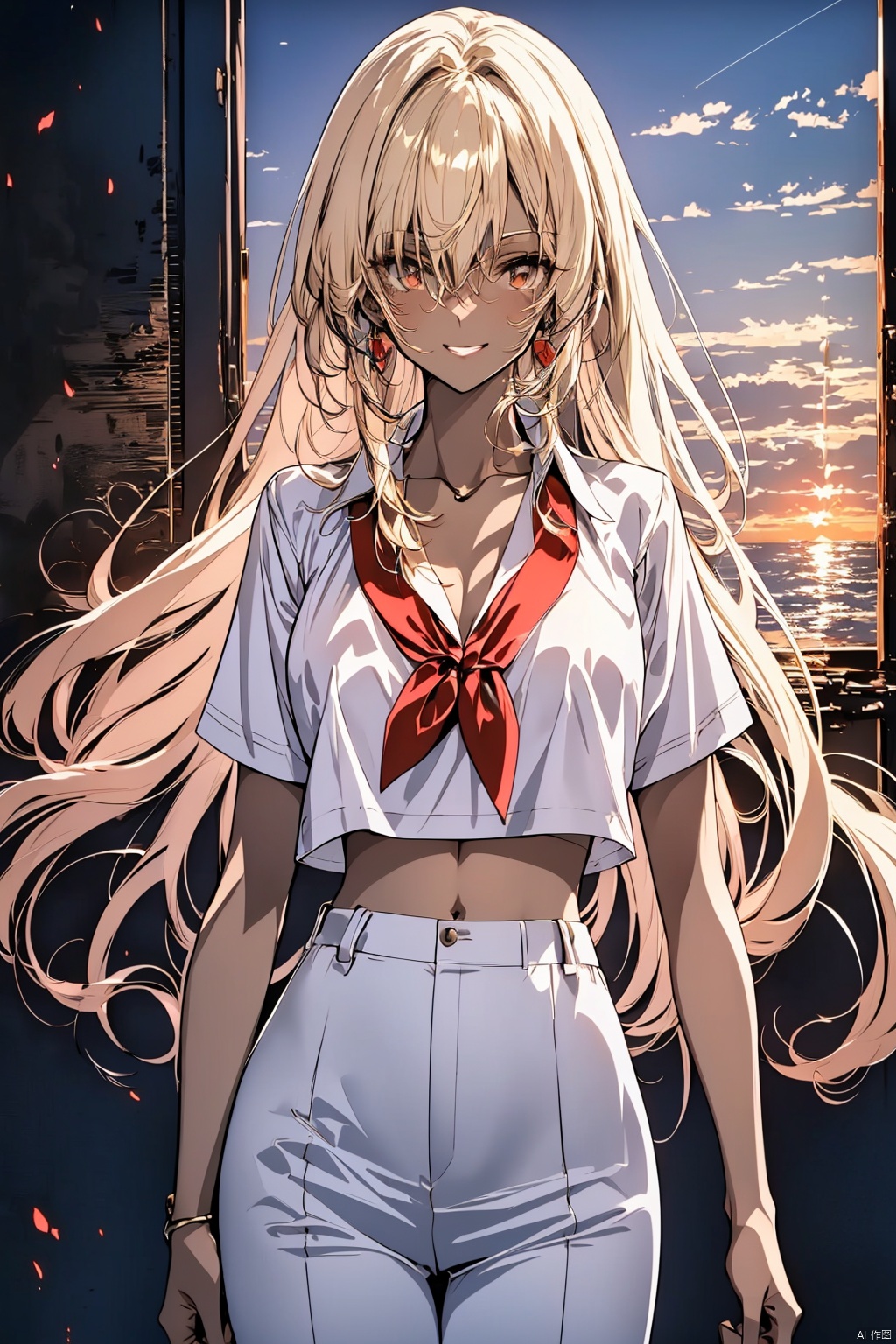 (blonde color hair and shiny red hair tips), (large chest:1.2), give someone the eye and grins, cool face, kawaii, slim body, (shiny skin), crimson eyes, (dark skin:1.6), white clothes shirt, minishirt, school uniform, (beautiful detailed eyes), (sunset), lora:more_details:#, test-type-4