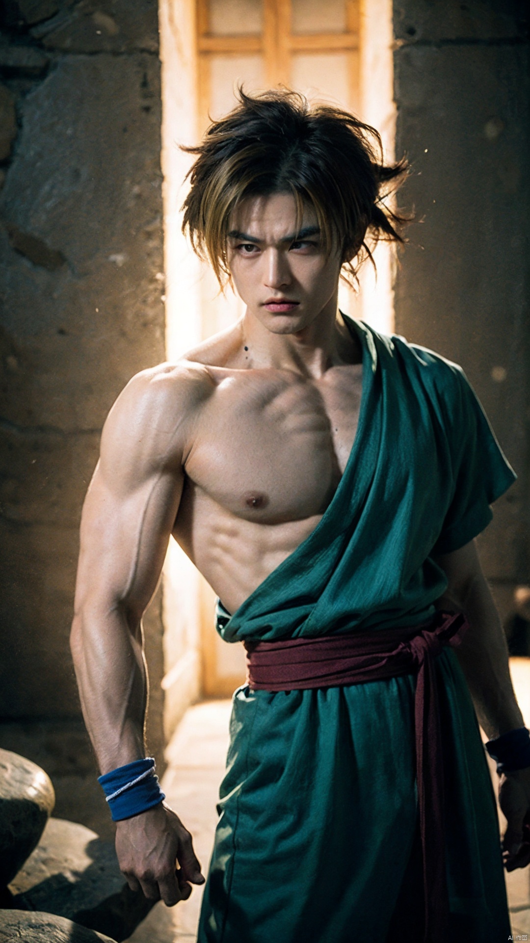 son goku, 1boy, biceps, blonde hair, green eyes, blue sash, blue wristband, clenched hands, collarbone, dougi, electricity, energy, floating rocks, yellow aura, frown, looking at viewer, full body, male focus, muscular, muscular male, pectorals, rock, sash, scratches, serious, solo, spiked hair, super saiyan, super saiyan 1, topless male, v-shaped eyebrows, wristband, , insanely detailed, detailed background, ((masterpiece)), absurdres, 8k uhd