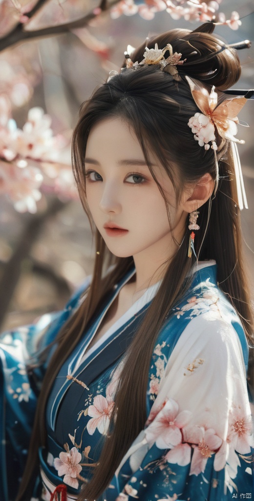 (((best quality))), ((ultra-detailed)), ((an extremely delicate and beautiful)), ((16k)), realistic, hd, cgi, gleaming hair, gleaming skin, gleaming clothes, flower background, watercolor, reflection, highlight and shadow, ray tracing, dynamic angle, 100+ cherry blossoms, scatter petals, vivid detailed floral pattern kimono, back shot, looking at viewer, asuna ba, light brown hair, blue eyes, very long hair, hair over one eyes, halo, white shirt, pleated skirt, blue bowtie, school uniform, highleg leotard, blue leotard, playboy bunny, fake animal ears, bunny ears, bow, detached collar, thighband pantyhose
