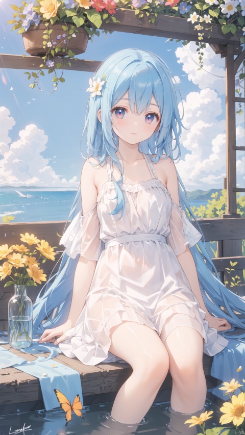  best quality, masterpiece, illustration, (reflection light), incredibly absurdres, (Movie Poster), (signature:1.3), (English text:1.3), 1girl, girl middle of flower, pure skyblue hair, red eyes, clear sky, outside, collarbone, loli, sitting, absurdly long hair, clear boundaries of the cloth, white dress, fantastic scenery, ground of flowers, thousand of flowers, colorful flowers, flowers around her, various flowers,Hyper realistic scene,cosmetic bottle surrounded by yellow flowers,blue sky background,water,sunlight,low angle view,blender,product rendering,HD 8K. --v6