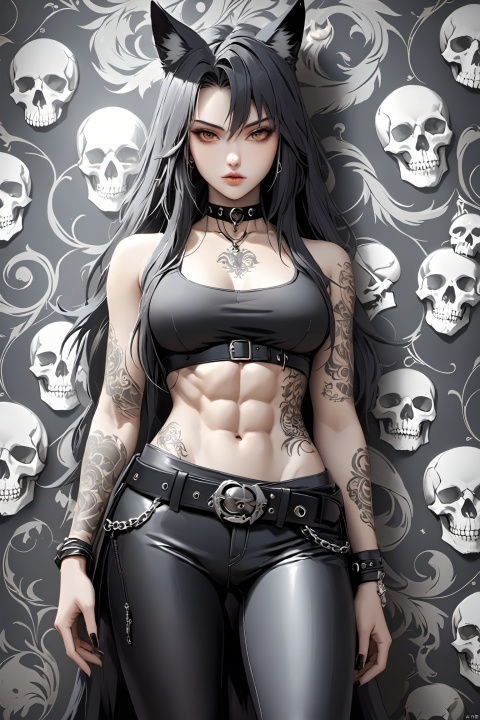 high-quality, ultra-detailed, high resolution, wallpaper, 1girl, ((abs)), wolf ears, wolf tail, death, ((tatoos)), skulls, gothic, tight black pants, belt, black crop top, choker