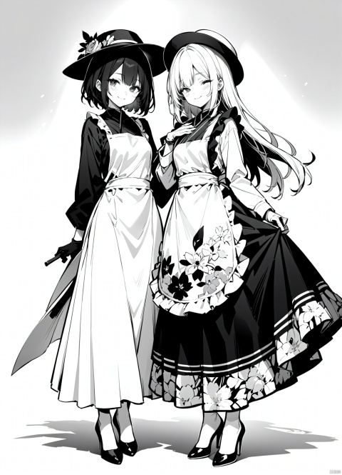 2girls, apron, black_headwear, closed_eyes, closed_mouth, dress, facing_viewer, floral_print, floral_print_apron, full_body, gloves, gradient_background, greyscale, hand_on_own_chest, hand_on_own_face, hat, high_heels, holding, long_hair, long_skirt, long_sleeves, looking_at_viewer, monochrome, multiple_girls, nakko_(7nt5ta), parted_bangs, ribbon, scroll, short_hair, skirt, smile, standing, white_background, white_headwear, best quality, masterpiece, nai3