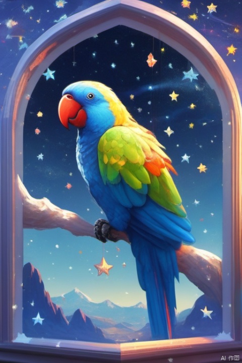  illustration of parrot, allure of starry night sky with myriad of twinkling stars, constellations, Milky Way, window art, glass painting, transparent designs, colorful patterns, light-filled displays, creative installations, temporary creations