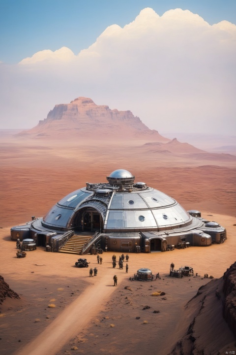  science fiction high tech settlement in space on a barren planet, metal buildings, glass domes, spacecraft