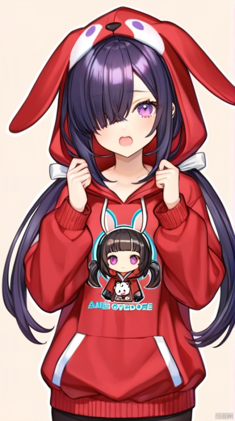 1girl, ame-chan_(needy_girl_overdose), animal_hood, animated, awayuki_(awyk_1), black_hair, bow, brown_background, character_doll, chibi, commentary_request, doll, hair_ornament, hair_over_one_eye, holding, holding_doll, hood, hood_up, hoodie, long_hair, looking_at_viewer, needy_girl_overdose, official_alternate_costume, open_mouth, outline, pill, purple_eyes, purple_hair, rabbit_hood, red_hoodie, solo, twintails, upper_body, video, white_bow, white_outline, x_hair_ornament, autoappealing, autoappealingdb, best quality, masterpiece, nai3