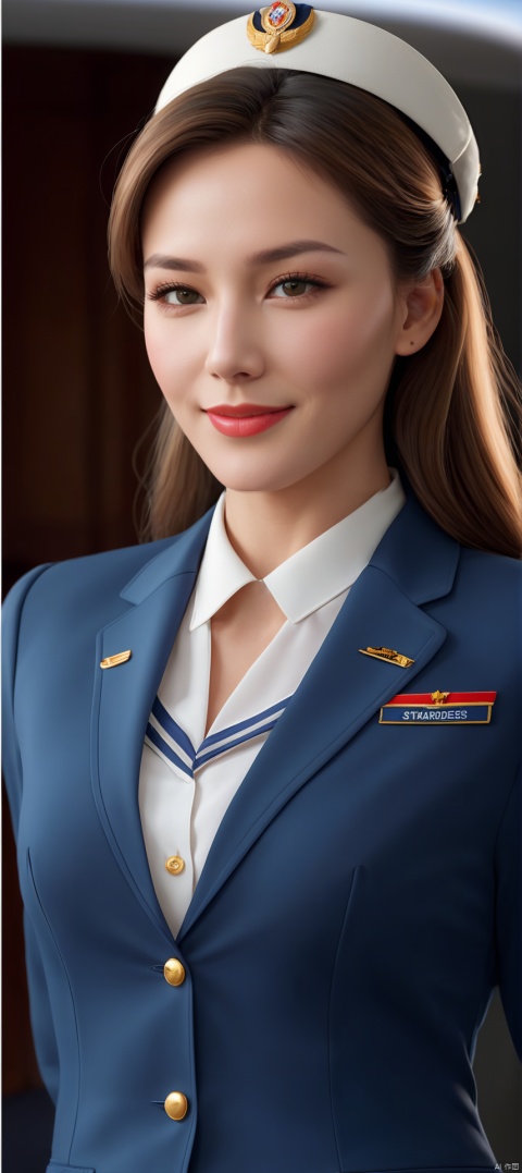 masterpiece,best quality,beautiful quality,photorealistic,looking at viewer,detailed lighting,extremely detailed skin,extremely detailed hair,extremely detailed teeth,shadows,(8k:1.2),(a picture of a woman is a stewardess),(1girl:1.2),(full body),stewardess uniform,id card