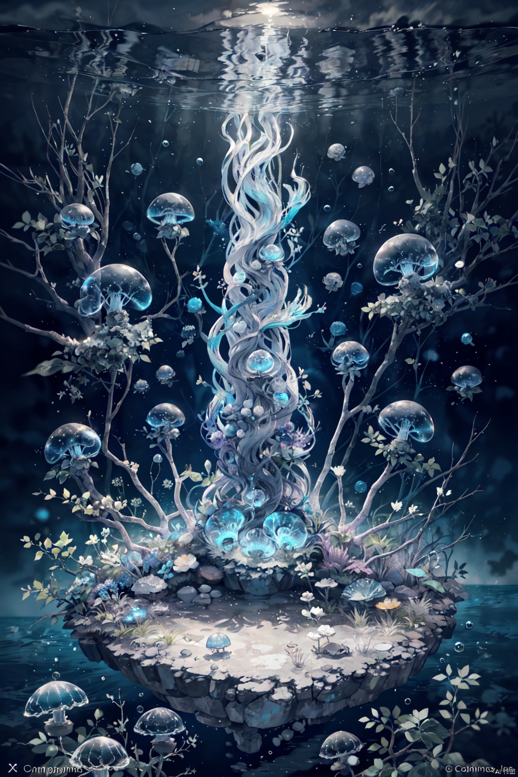 marine theme with natural elements. Tall mangroves, rich marine plants, glowing jellyfish, surrounded by schools of fish, glowing particle effects,, (marine plants), (ocean theme), ((luminous algae)), (coral), ((glowing jellyfish )), ((Glow Creatures in Seawater)), ((Sea Fire)), (((Particle Effect))), Isometric 3D, Octane Rendering, Ray Tracing, Super Detailed