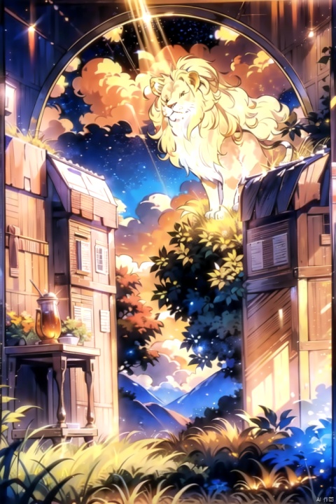  A majestic and regal lion,its golden mane flowing in the wind as it prowls through the tall grass of the savannah,In the distance,the setting sun paints the sky in shades of fiery orange and deep purple,casting a warm and welcoming glow across the African landscape