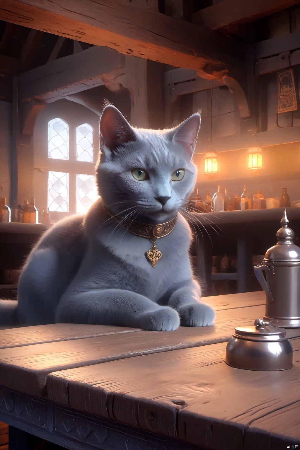  modelshoot style,8k,portrait of a cute grey\(russian blue\) cat sitting on a wooden table in a medieval tavern,detailed fur,trending on ArtStation,trending on CGSociety,Intricate,High Detail,Sharp focus,dramatic lighting,digital painting,digital art,by artgerm,by Liang Xing,by WLOP