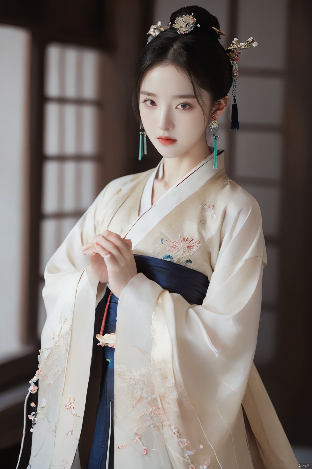  1.3, Masterpiece, Highest Quality, High Resolution, Details: 1.2, 1 Girl, Bun, Hairpin, Beautiful Face, Delicate Eyes, Tassel Earrings, Necklaces, Bracelets, Hanfu, Su Embroidered Hanfu, Streamers, Ribbons, Elegant Stand Posture, Aesthetics, Movie Lighting, Ray Tracing, Depth of Field, Layering,Fluttering, Hanfu, qingsha
Negative Prompt：ugly, tiling, poorly drawn hands, poorly drawn feet, poorly drawn face, out of frame, extra limbs, disfigured, deformed, body out of frame, bad anatomy, watermark, signature, cut off, low contrast, underexposed, overexposed, bad art, beginner, *******, distorted face