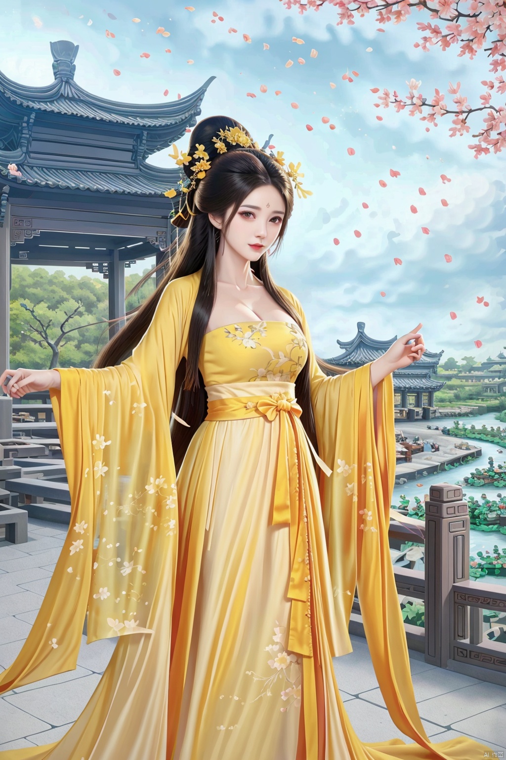  (Best quality, masterpiece, realistic, 4k),A girl,light yellow Chinese style dress,Hanfu,Medium breast,Ancient architecture, petals falling, spring, little smile,outdoor