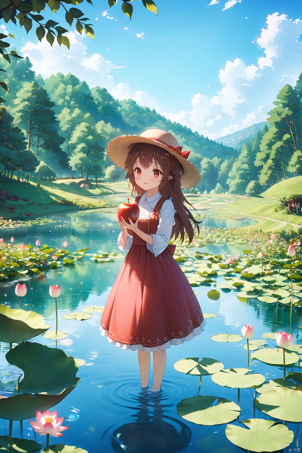  1girl, solo, long hair, brown hair, red eyes, holding, animal ears, food, tree, fruit, wolf ears, holding food, apple, wolf girl, holding fruit, holo，Pond,a child with a straw hat standing by the pond,big clouds,blue sky,pond with lots of lotus leaves,forest,hillside,secluded,rural,HD detail,hyper-detail,cinematic,surrealism,soft light,deep field focus bokeh,ray tracing and surrealism