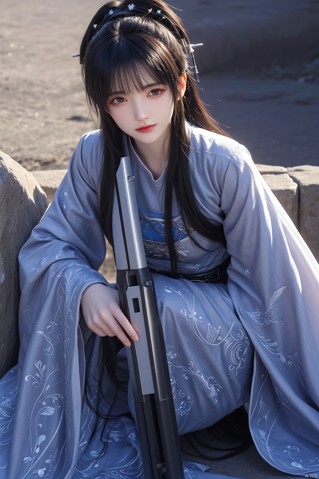 Close up of a female soldier, futuristic, armoured blue spacesuit, holding a rifle, background is rocky terrain with three moons