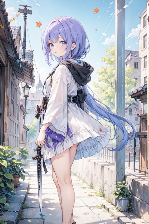  (masterpiece), (best quality),artist Archive, purple theme, scenery, standing, holding, hood, wide shot, 1gril, ruins, robe，clean background,1 girl,28 years old,katana,wimd,maple leaf,blue and green ink,close shot,from front