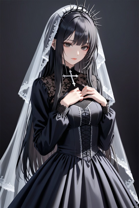  best quality, masterpiece, extremely detailed, high-quality,1girl,solo,black eyes,(black hair),long hair,asymmetrical bangs,black dress,Gothic style,Long sleeved,cross,black lace,makeup,black background,(simple background),Thick coating,Dark tone,pray,Hands on chest,wedding Veil,waist up,thorns,very long dress,standing,closed mouth