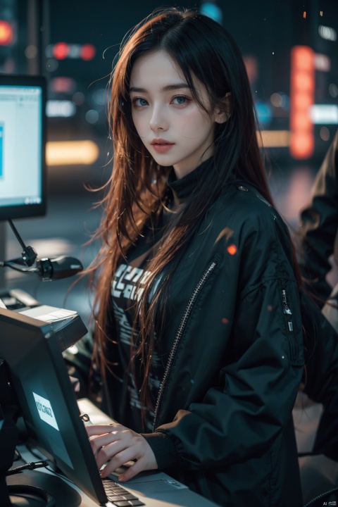 Hacker,female,computer,high resolution,high quality,cyberpunk style clothes