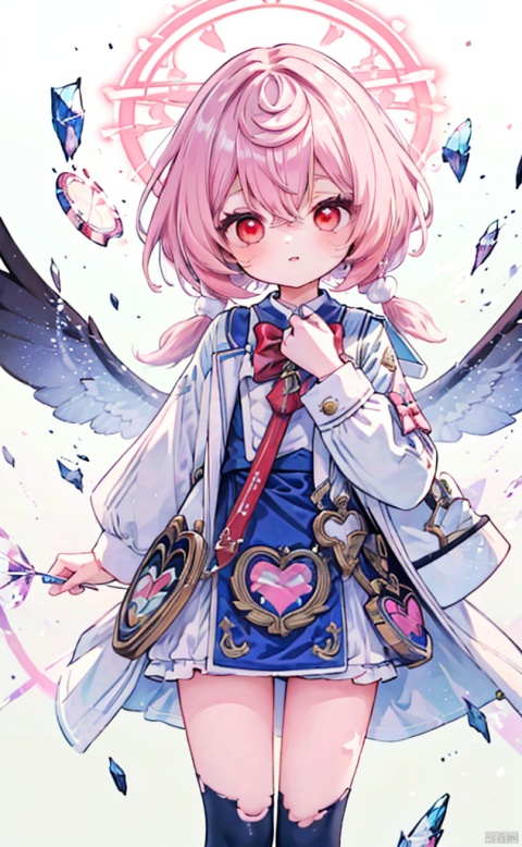 (White Background),(Beautiful Detail Face),High Contrast,(Best Lighting,Extremely Delicate and Beautiful),(Cinematic Light),Bright Colors,Hyperdetail,Intricate Detail,Standing Painting (1 Girl,Solo,Front,Pink Hair,Sharp Face,Short Hair,Fluorescent Long Coat (Broken Glass),Workwear Costume,Red Eyes,Hair Between Eyes),Shimmer Swirling Around Character,Purple Light Particles,Magic Circle