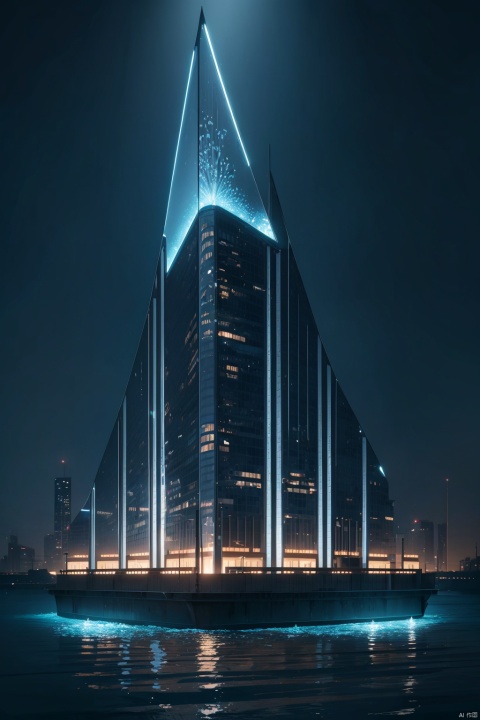 a transparent building as a giant aquarium containing marine lifeforms at night,pretty lights decorations,wide shot,8k octane render,photorealistic,detailed building,detailed fishs