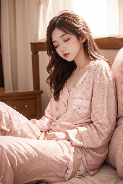 Sleeping girl,22 years old,realistic,she is wearing long pants,she is wearing pink pajama,brown hair