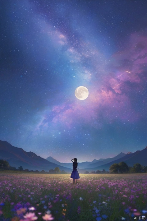 expansive landscape photograph,(a view from below that shows sky above and open field below),a girl standing on flower field looking up,(full moon:1.2),( shooting stars:0.9),(nebula:1.3),distant mountain,tree BREAK
production art,(warm light source:1.2),(Firefly:1.2),lamp,lot of purple and orange,intricate details,volumetric lighting BREAK
(masterpiece:1.2),(best quality),4k,ultra-detailed,(dynamic composition:1.4),highly detailed,colorful details,( iridescent colors:1.2),(glowing lighting,atmospheric lighting),dreamy,magical,(solo:1.2)