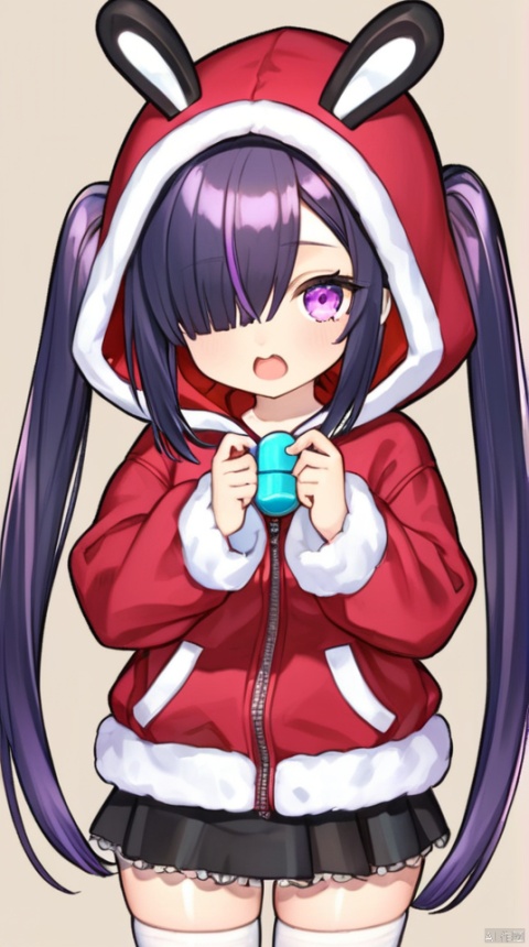  1girl, ame-chan_(needy_girl_overdose), animal_hood, animated, awayuki_(awyk_1), black_hair, bow, brown_background, character_doll, chibi, commentary_request, doll, hair_ornament, hair_over_one_eye, holding, holding_doll, hood, hood_up, hoodie, long_hair, looking_at_viewer, needy_girl_overdose, official_alternate_costume, open_mouth, outline, pill, purple_eyes, purple_hair, rabbit_hood, red_hoodie, solo, twintails, upper_body, video, white_bow, white_outline, x_hair_ornament, autoappealing, autoappealingdb, best quality, masterpiece, nai3