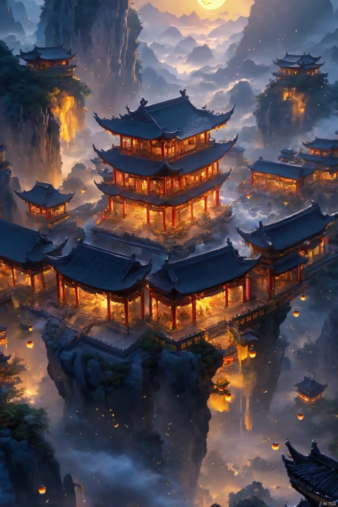  ((Top view, high angle view, Focal point composition)) , Sunset Gradient, moonlit night, halo, beautiful light, beautiful play of shadow, light effects, Autumn, Ancient Chinese architecture, many raditional Chinese architecture on a floating island, there are many scattered buildings on the high mountain, ( huge Taoist incense burner, Sending out exquisite and beautiful magical effects) , waterfall cascading from the island, a vast sea of clouds, spectacular waterfalls, group of buildings, lanterns and sky lanterns floating in the air, high mountains, starry skies, soft color, refreshing, beautiful, Chinese landscape painting, cinematic lighting, high detail, (close-up), (chiaroscuro),fine facial details,cinematic lighting, (depth of field), UHD