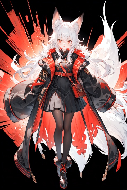 fox ears, red and black color, red eyes, white hair, hood, open jacket, full body, fur trim, hair between eyes, huge chest, multiple girls, little, oversized clothes