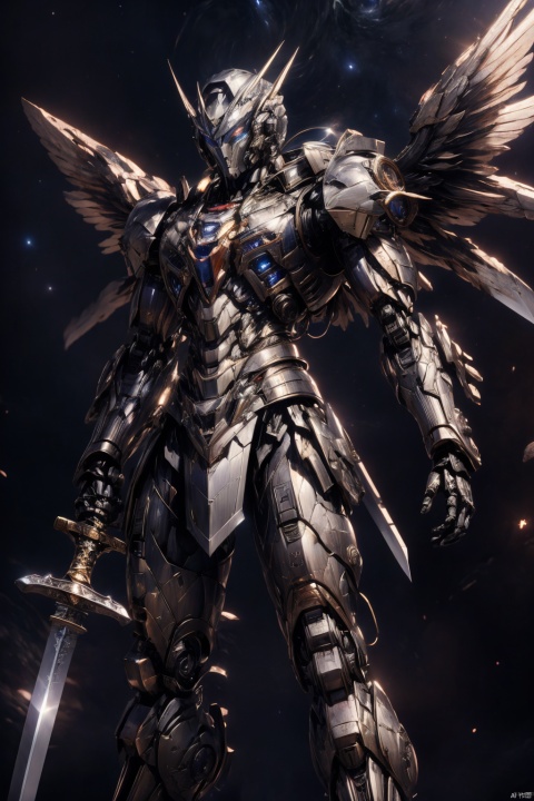  masterpiece,best quality,extremely high detailed,intricate,8k,HDR,wallpaper,cinematic lighting,(universe),(holding sword:1.3),glowing,armor,glowing eyes,mecha,large wings