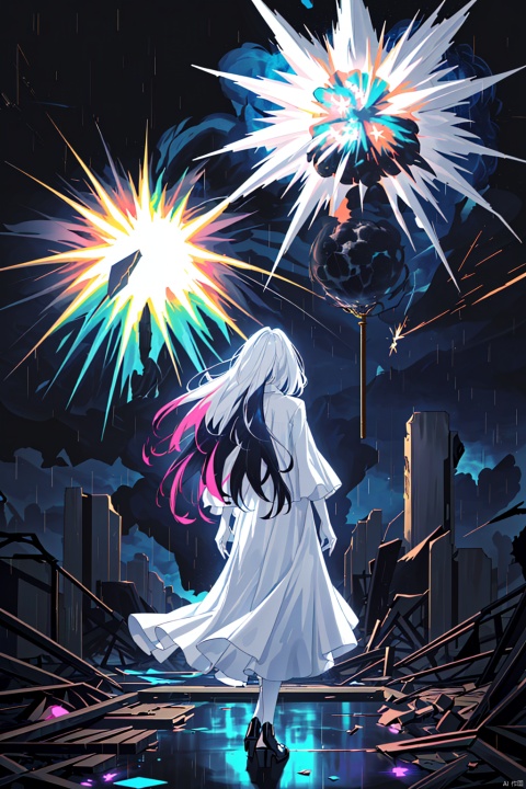 dark theme, highres, masterpiece, top quality, best quality, official art, (beautiful and aesthetic:1.2), (colorful:1.3), (1girl), standing, from behind, white hair, long messy hair, colorful inner hair, white collared dress, (moist skin), moon, (explosion of colors:1.4), fractal art, rain, night abandoned city, depth of field, dim lighting, dramatic