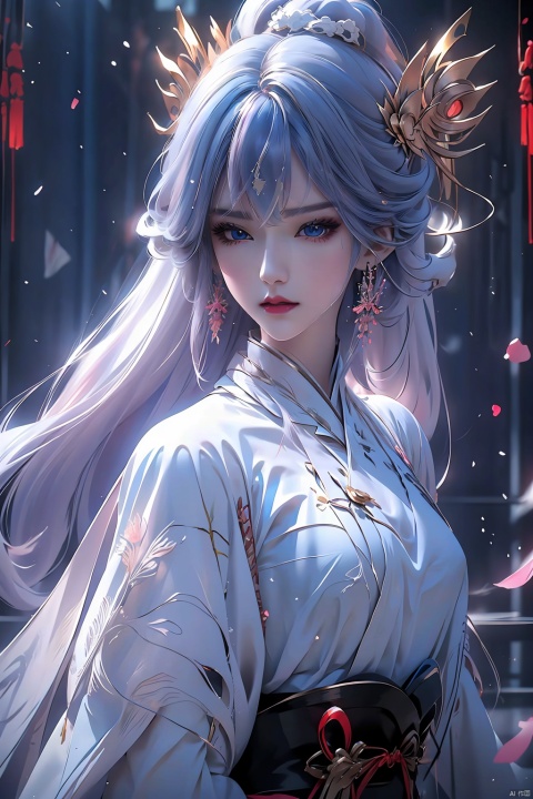  masterpiece, best quality, anime style, white theme, 1girl, white streight long hair, blue eyes, white skin, iridescent eyes, pink lips, white kimono, focus on face