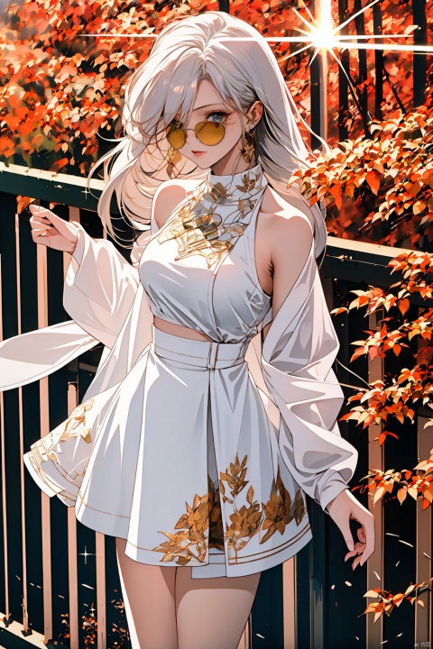 1girl, frameless sunglasses, iridescent light, sunny day, reflection on frameless glasses, (lens flare:1.3), yellow theme, looking at viewer, white lace silver summer dress, glitters on dress, from above side, street with flower grass trees, (detailed:1.3) image, (intricate:1.2)(autumn :1.3), (masterpiece:1.2), (best quality:1.2), newest, intricate details, ai-generated